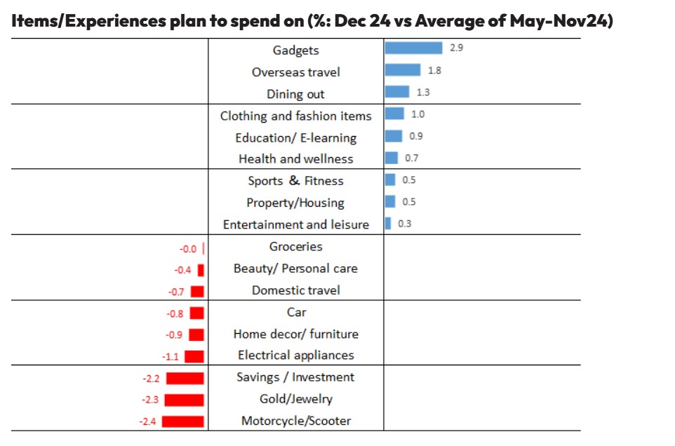 Items/Experiences plan to spend on(%:Dec 24 vs Average of May-Nov24)